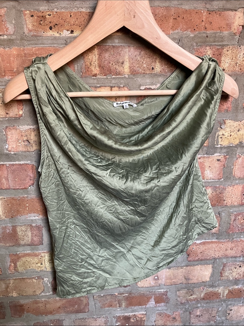 Reformation Annika silk asymmetrical draped top in sage green